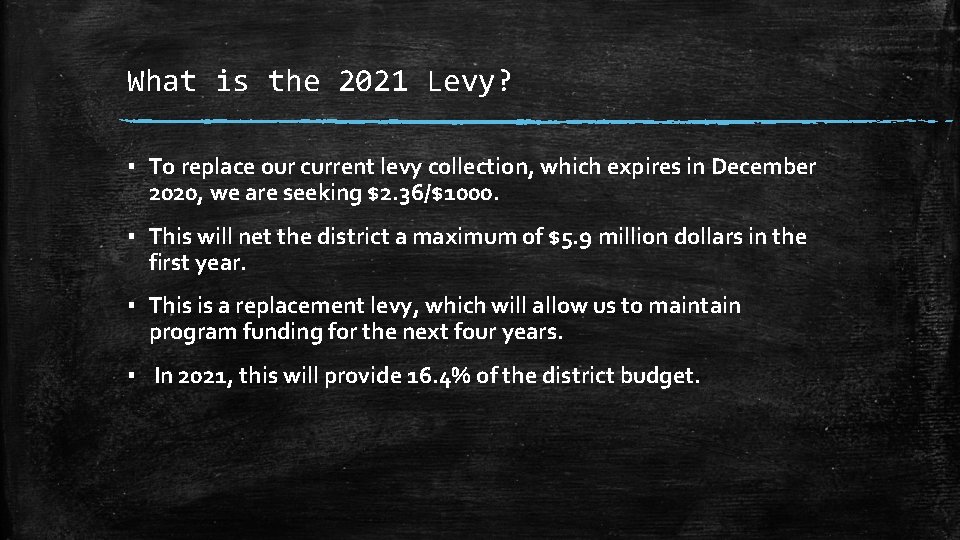 What is the 2021 Levy? ▪ To replace our current levy collection, which expires