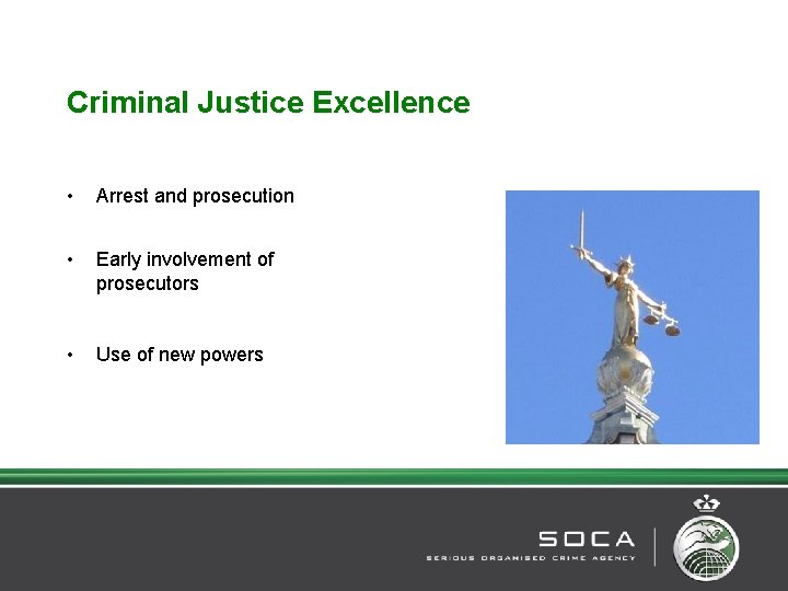 Criminal Justice Excellence • Arrest and prosecution • Early involvement of prosecutors • Use