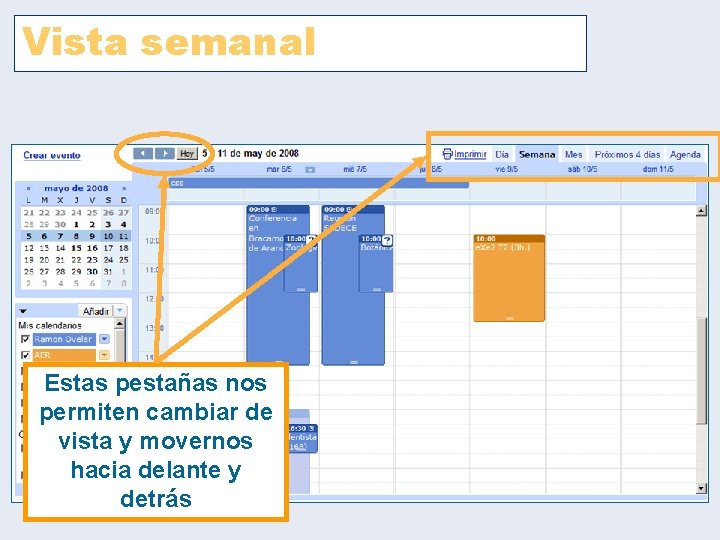 Vista semanal Estas pestañas nos permiten cambiar de vista y movernos hacia delante y Vista semanal Estas pestañas nos permiten cambiar de vista y movernos hacia delante y