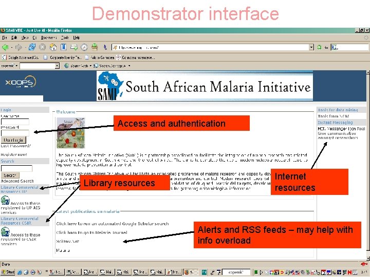 Demonstrator interface Access and authentication Library resources Internet resources Alerts and RSS feeds –