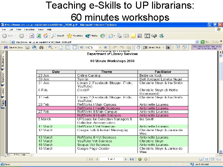 Teaching e-Skills to UP librarians: 60 minutes workshops 