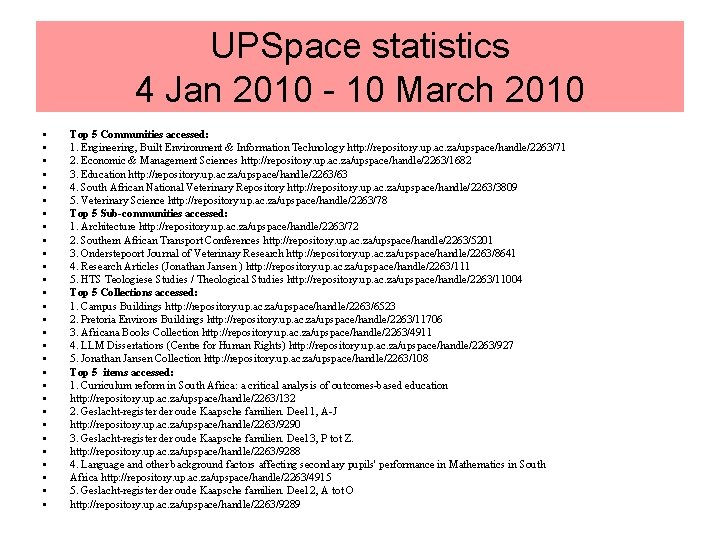 UPSpace statistics 4 Jan 2010 - 10 March 2010 • • • • •