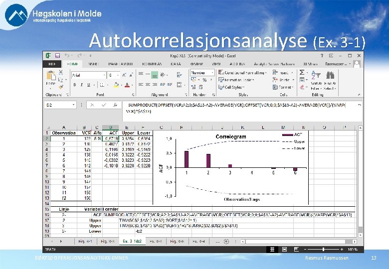 Autokorrelasjonsanalyse (Ex. 3 -1) BØK 710 OPERASJONSANALYTISKE EMNER Rasmussen 13 