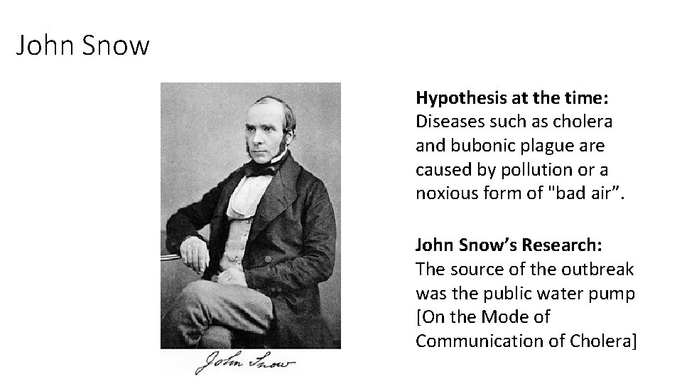 John Snow Hypothesis at the time: Diseases such as cholera and bubonic plague are