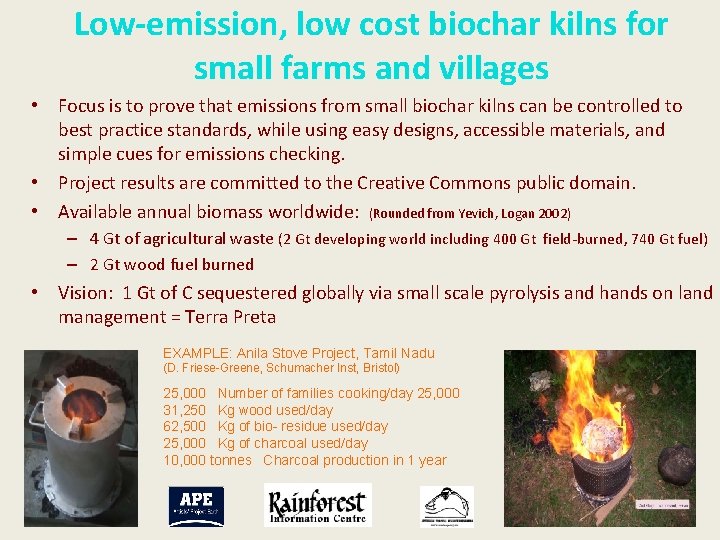 Low-emission, low cost biochar kilns for small farms and villages • Focus is to