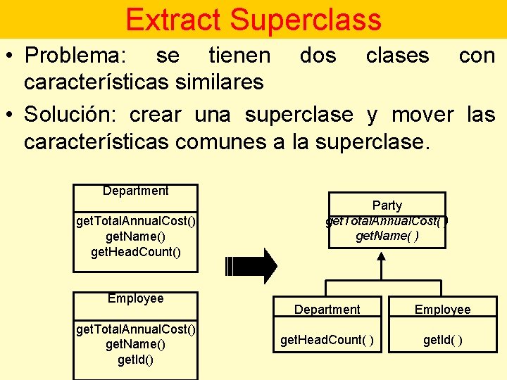 Extract Superclass • Problema: se tienen dos clases con características similares • Solución: crear