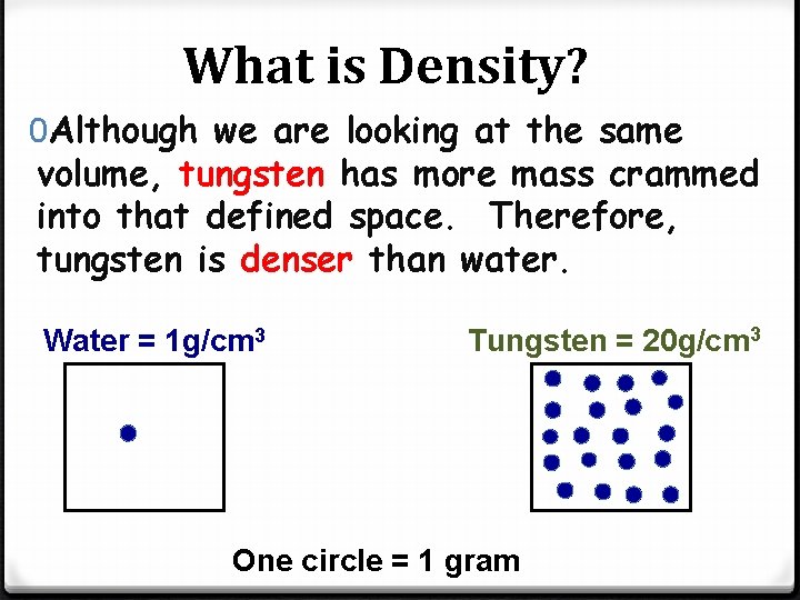 What is Density? 0 Although we are looking at the same volume, tungsten has