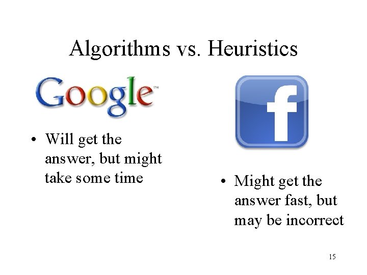 Algorithms vs. Heuristics • Will get the answer, but might take some time • Algorithms vs. Heuristics • Will get the answer, but might take some time •
