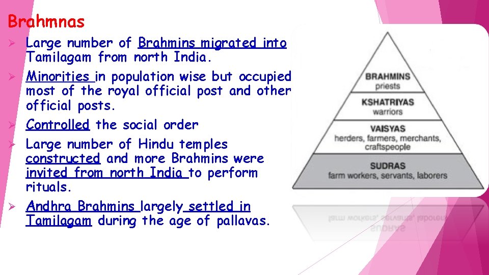 Brahmnas Ø Ø Ø Large number of Brahmins migrated into Tamilagam from north India.