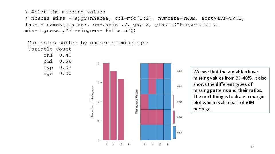 > #plot the missing values > nhanes_miss = aggr(nhanes, col=mdc(1: 2), numbers=TRUE, sort. Vars=TRUE,