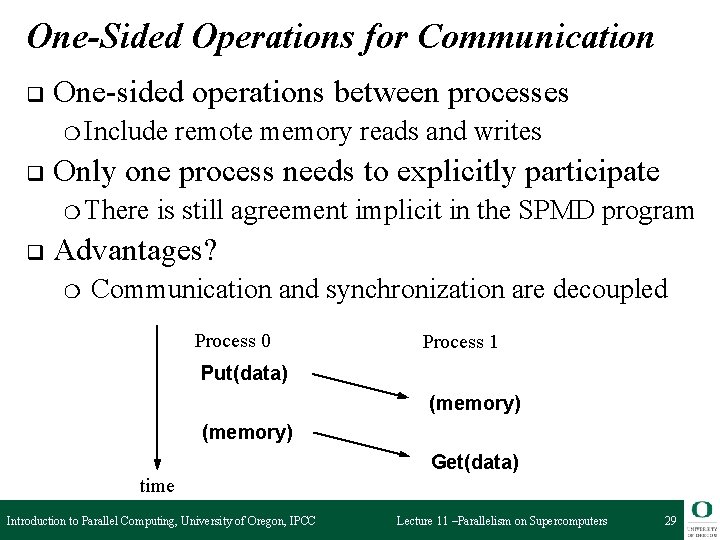 One-Sided Operations for Communication q One-sided operations between processes ❍ Include q Only one