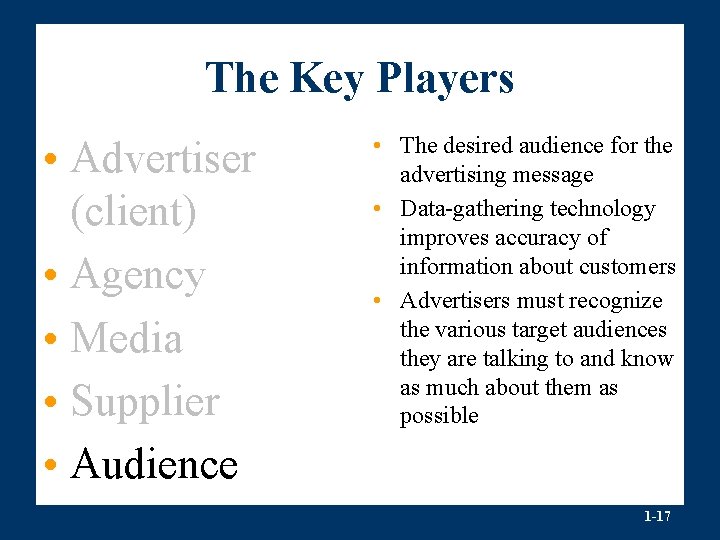 The Key Players • Advertiser (client) • Agency • Media • Supplier • Audience