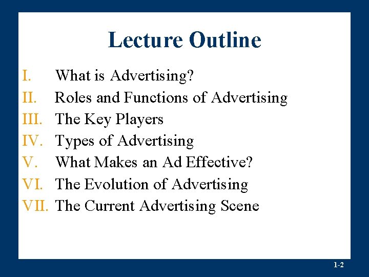 Lecture Outline I. III. IV. V. VII. What is Advertising? Roles and Functions of