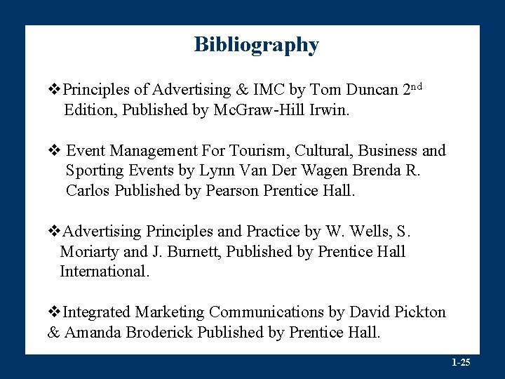 Bibliography v. Principles of Advertising & IMC by Tom Duncan 2 nd Edition, Published