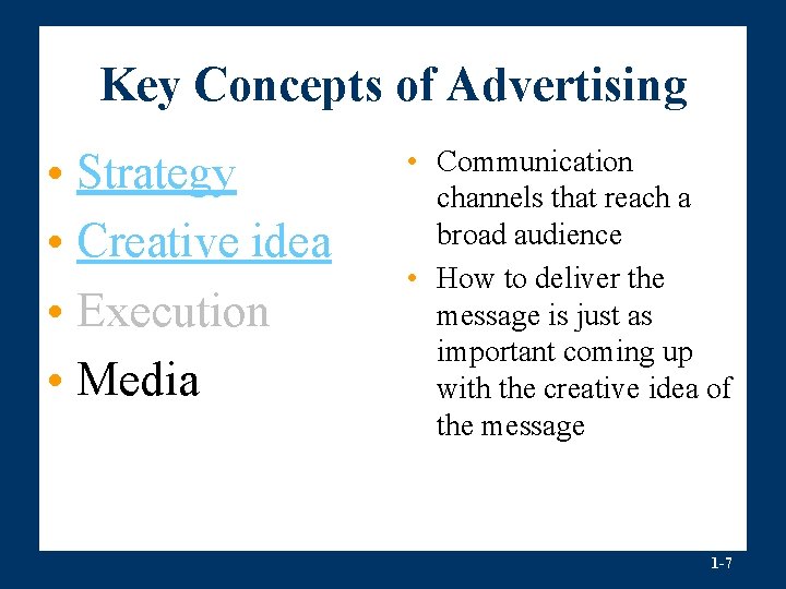 Key Concepts of Advertising • Strategy • Creative idea • Execution • Media •