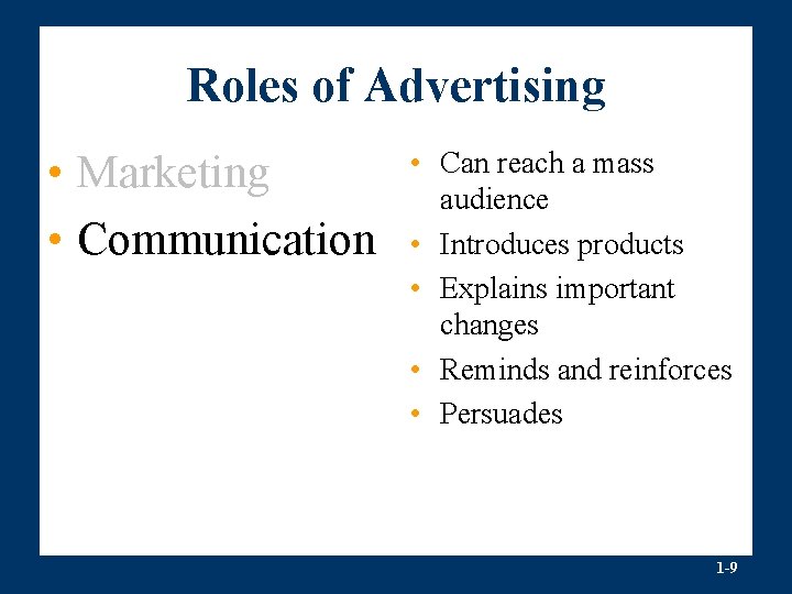 Roles of Advertising • Marketing • Communication • Can reach a mass audience •