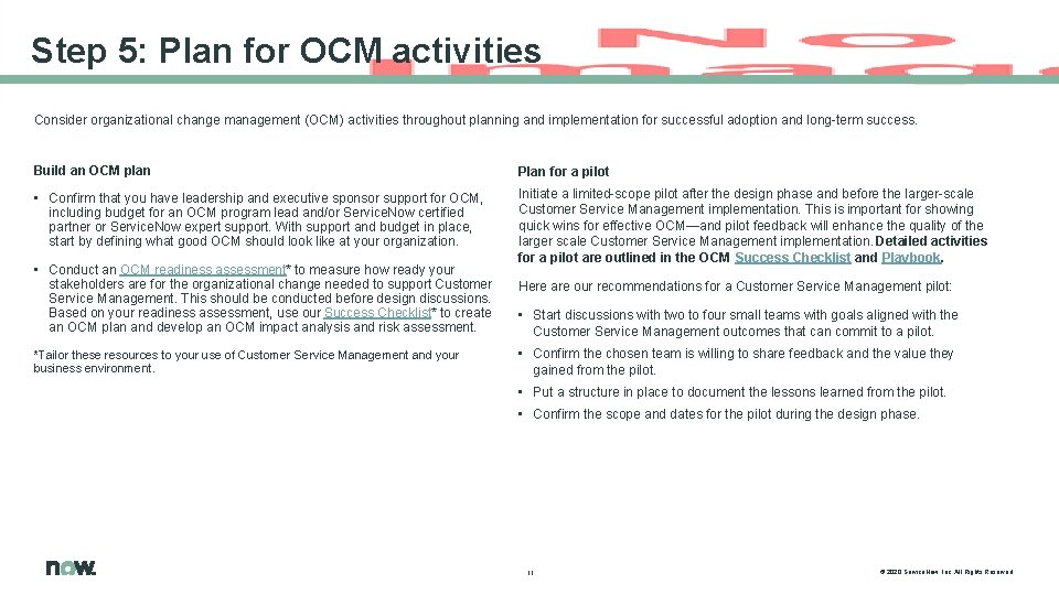 Step 5: Plan for OCM activities Consider organizational change management (OCM) activities throughout planning