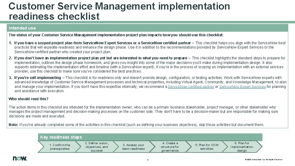 Customer Service Management implementation readiness checklist Intended use The status of your Customer Service
