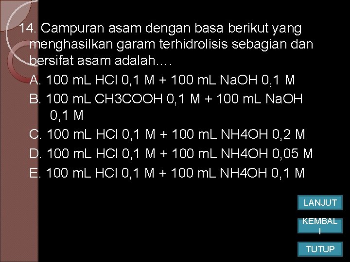 14. Campuran asam dengan basa berikut yang menghasilkan garam terhidrolisis sebagian dan bersifat asam 14. Campuran asam dengan basa berikut yang menghasilkan garam terhidrolisis sebagian dan bersifat asam