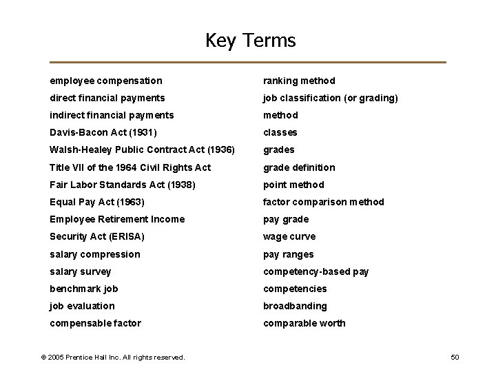 Key Terms employee compensation ranking method direct financial payments job classification (or grading) indirect