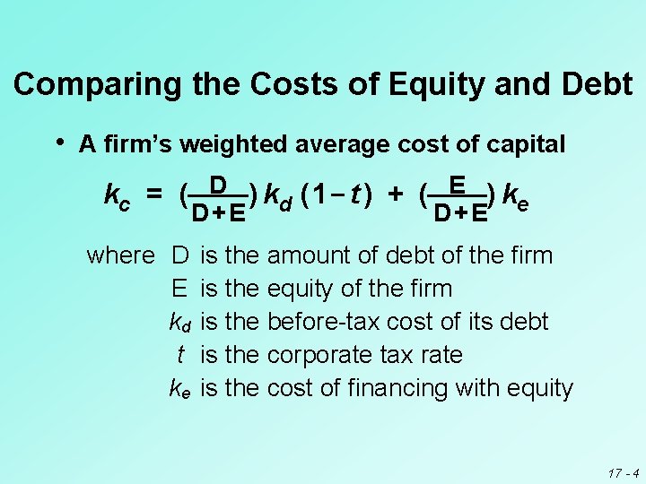 Comparing the Costs of Equity and Debt • A firm’s weighted average cost of