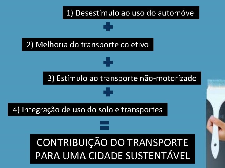 1) Desestímulo ao uso do automóvel 2) Melhoria do transporte coletivo 3) Estímulo ao 1) Desestímulo ao uso do automóvel 2) Melhoria do transporte coletivo 3) Estímulo ao