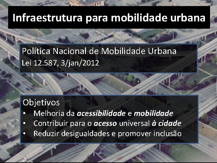 Infraestrutura para mobilidade urbana Política Nacional de Mobilidade Urbana Lei 12. 587, 3/jan/2012 Objetivos Infraestrutura para mobilidade urbana Política Nacional de Mobilidade Urbana Lei 12. 587, 3/jan/2012 Objetivos