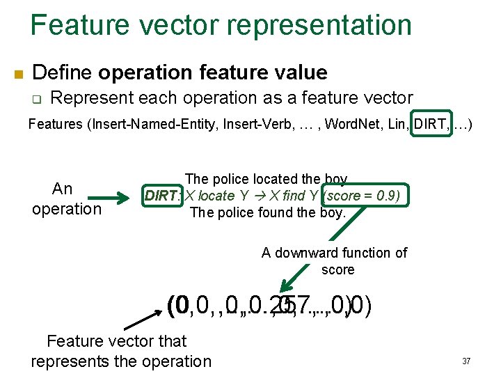 Feature vector representation n Define operation feature value q Represent each operation as a