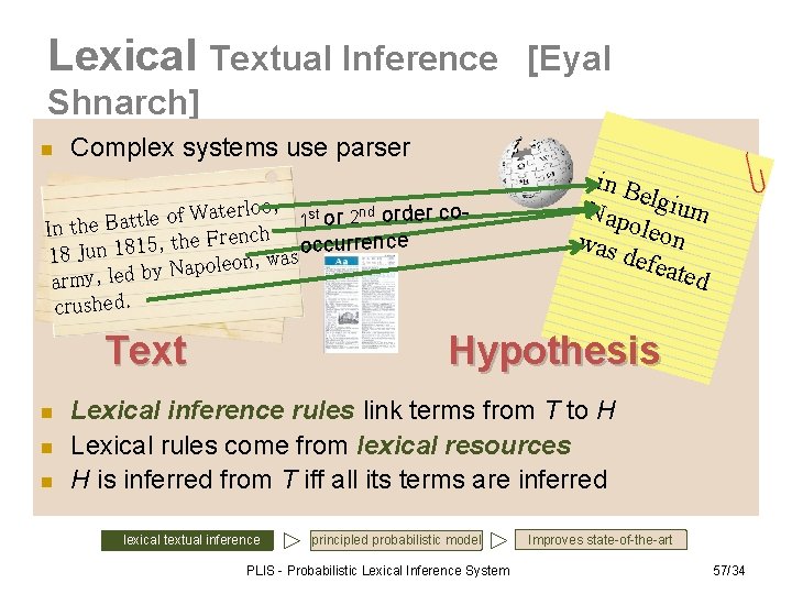 Lexical Textual Inference [Eyal Shnarch] n Complex systems use parser terloo, 1 st or