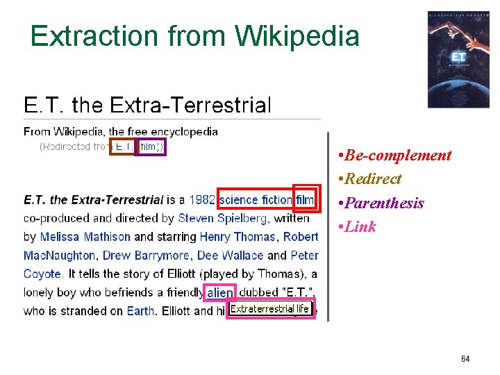 Extraction from Wikipedia • Be-complement • • Top All-nouns Redirect • • Bottom All-nouns