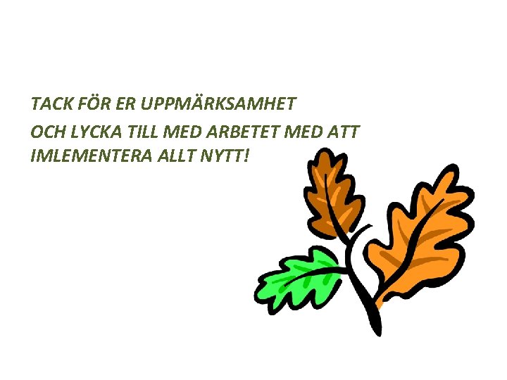 TACK FÖR ER UPPMÄRKSAMHET OCH LYCKA TILL MED ARBETET MED ATT IMLEMENTERA ALLT NYTT!