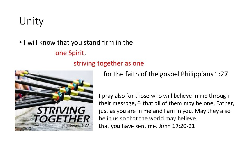 Unity • I will know that you stand firm in the one Spirit, striving