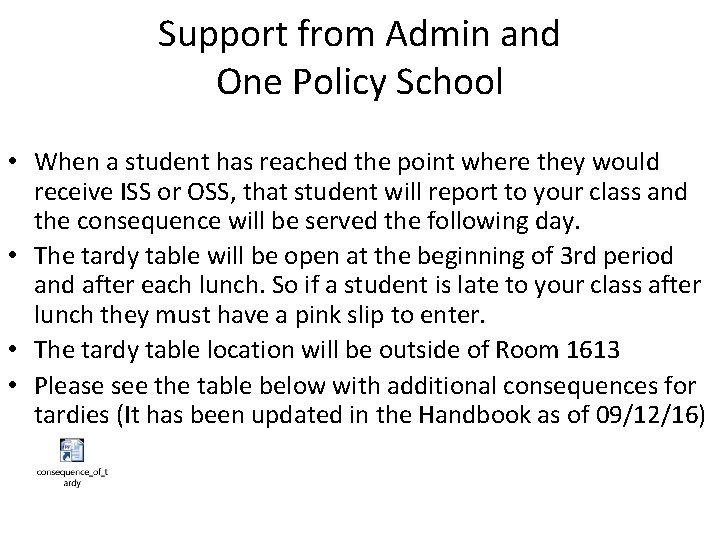 Support from Admin and One Policy School • When a student has reached the