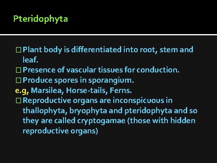 Pteridophyta � Plant body is differentiated into root, stem and leaf. � Presence of