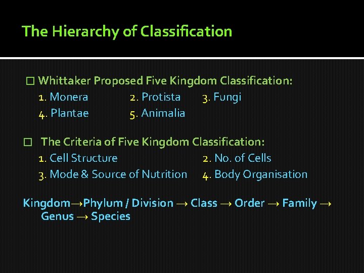 The Hierarchy of Classification � Whittaker Proposed Five Kingdom Classification: 1. Monera 4. Plantae