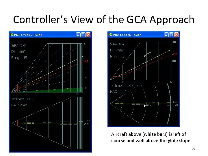 Controller’s View of the GCA Approach Aircraft above (white bars) is left of course