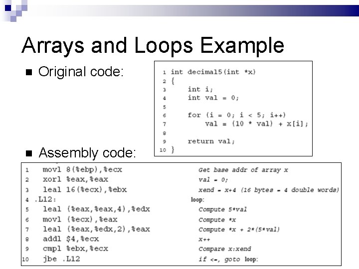 Arrays and Loops Example Original code: Assembly code: 