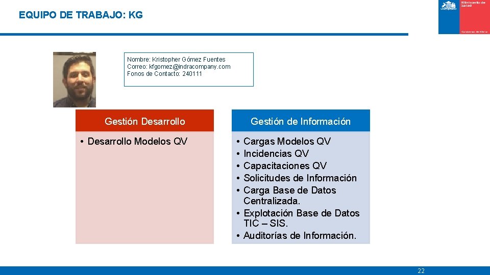 EQUIPO DE TRABAJO: KG Nombre: Kristopher Gómez Fuentes Correo: kfgomez@indracompany. com Fonos de Contacto: