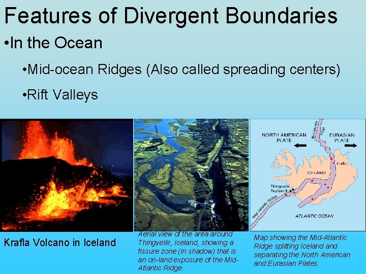 Features of Divergent Boundaries • In the Ocean • Mid-ocean Ridges (Also called spreading