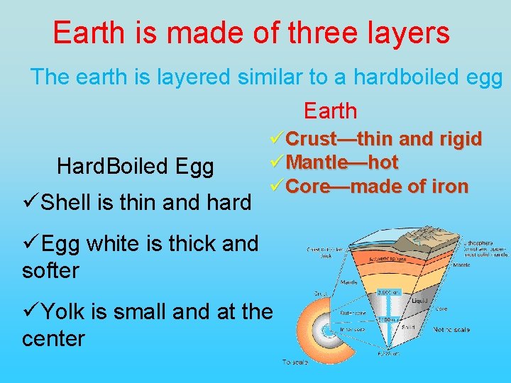 Earth is made of three layers The earth is layered similar to a hardboiled
