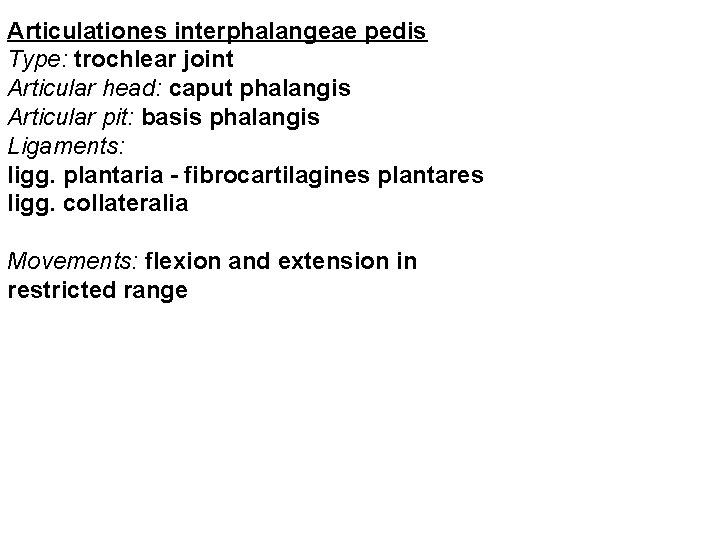 Articulationes interphalangeae pedis Type: trochlear joint Articular head: caput phalangis Articular pit: basis phalangis