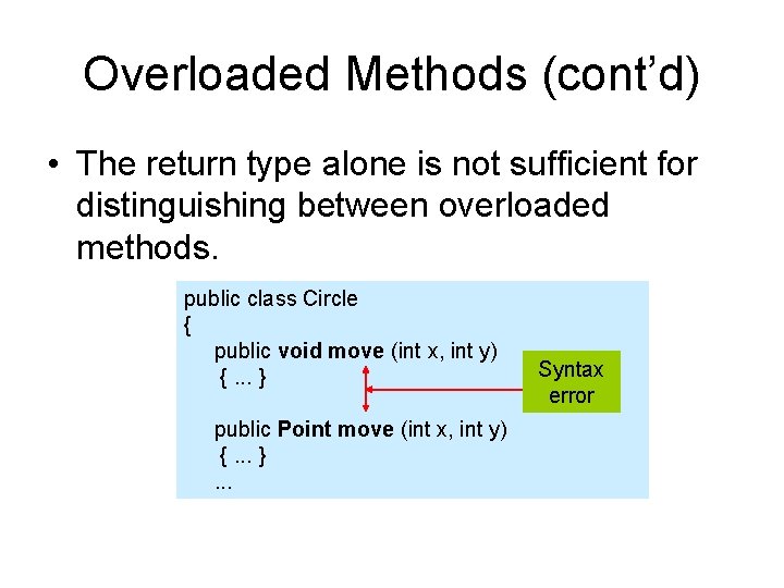 Overloaded Methods (cont’d) • The return type alone is not sufficient for distinguishing between