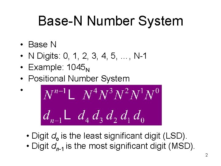 Base-N Number System • • • Base N N Digits: 0, 1, 2, 3,