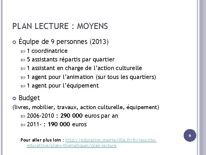 PLAN LECTURE : MOYENS Équipe de 9 personnes (2013) 1 5 1 1 1