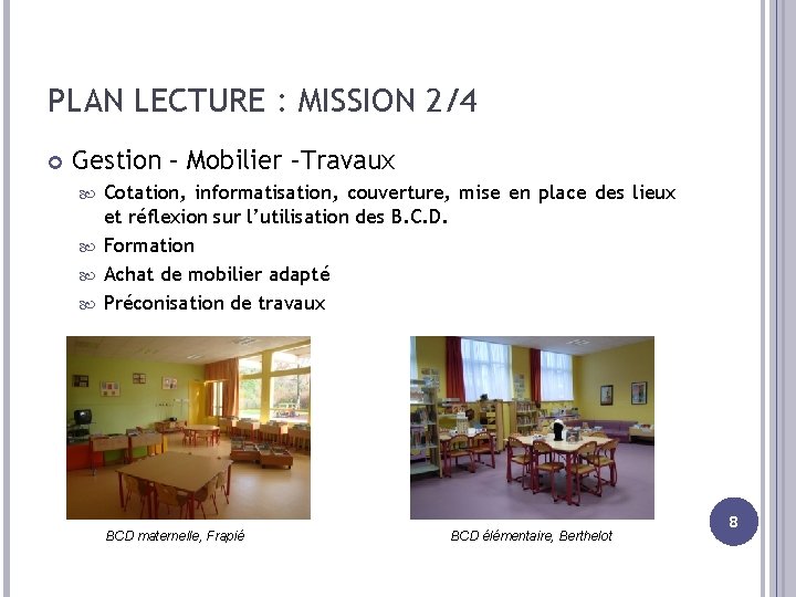 PLAN LECTURE : MISSION 2/4 Gestion – Mobilier –Travaux Cotation, informatisation, couverture, mise en