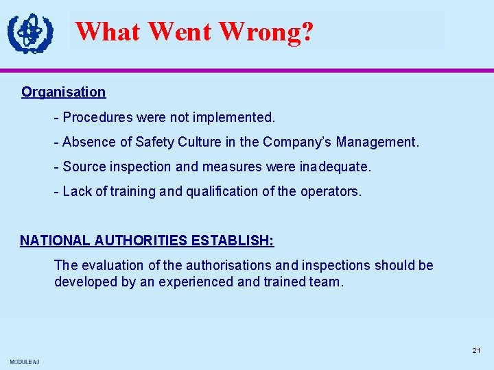 What Went Wrong? Organisation - Procedures were not implemented. - Absence of Safety Culture