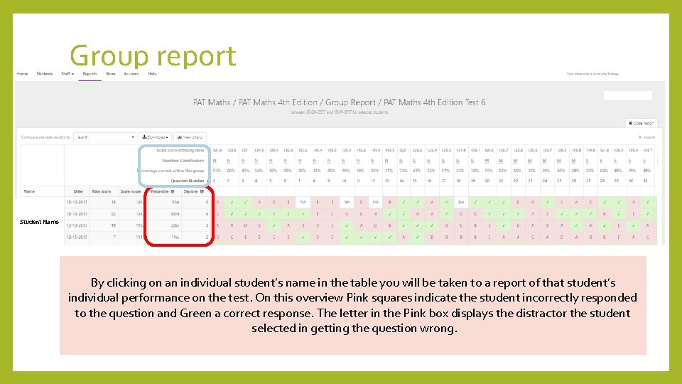 Group report Student Name Selecting groupstudent’s for comparison will complete columns on theof table