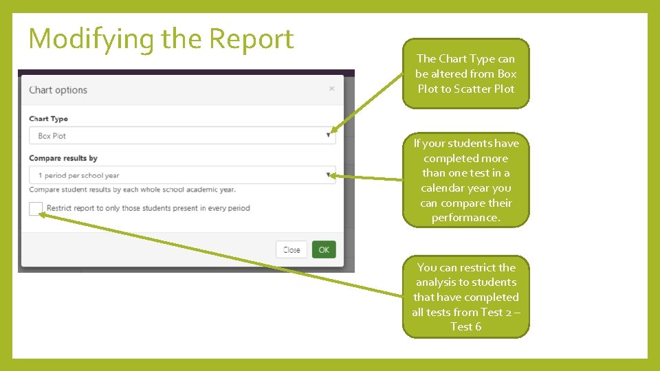 Modifying the Report The Chart Type can be altered from Box Plot to Scatter