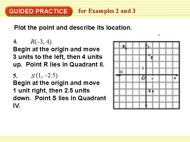 GUIDED PRACTICE for Examples 2 and 3 Plot the point and describe its location.