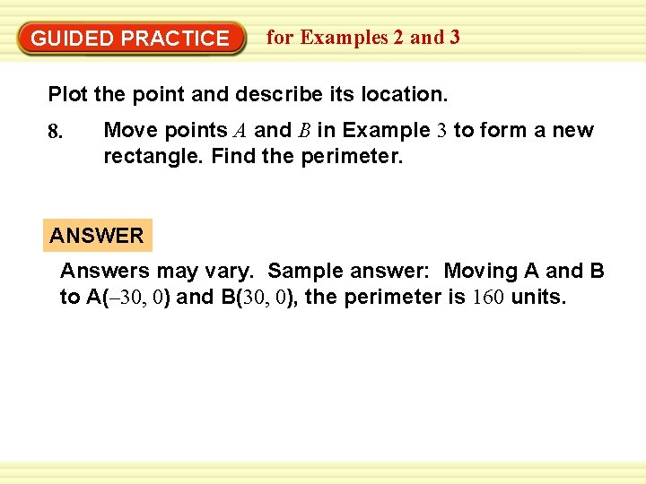 GUIDED PRACTICE for Examples 2 and 3 Plot the point and describe its location.